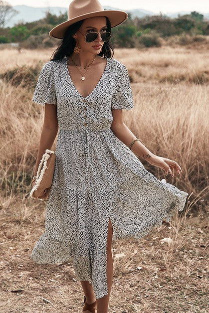 V Neck Polka Dot Short Sleeve Dress