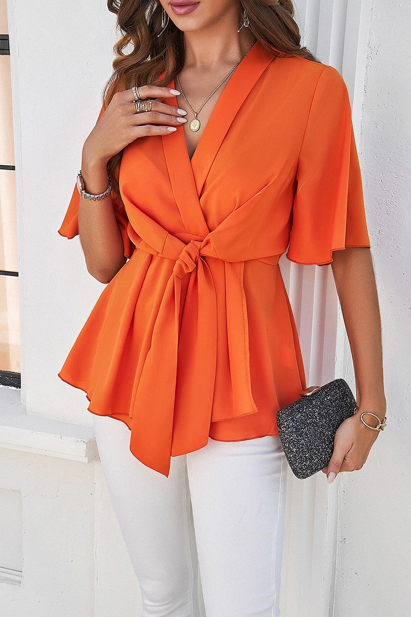 Wide Sleeve Deep V Knot Cross Ruffle Fit Blouse