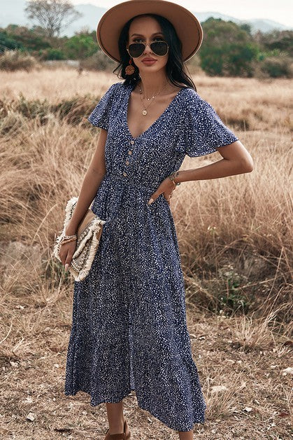 V Neck Polka Dot Short Sleeve Dress