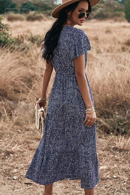 V Neck Polka Dot Short Sleeve Dress