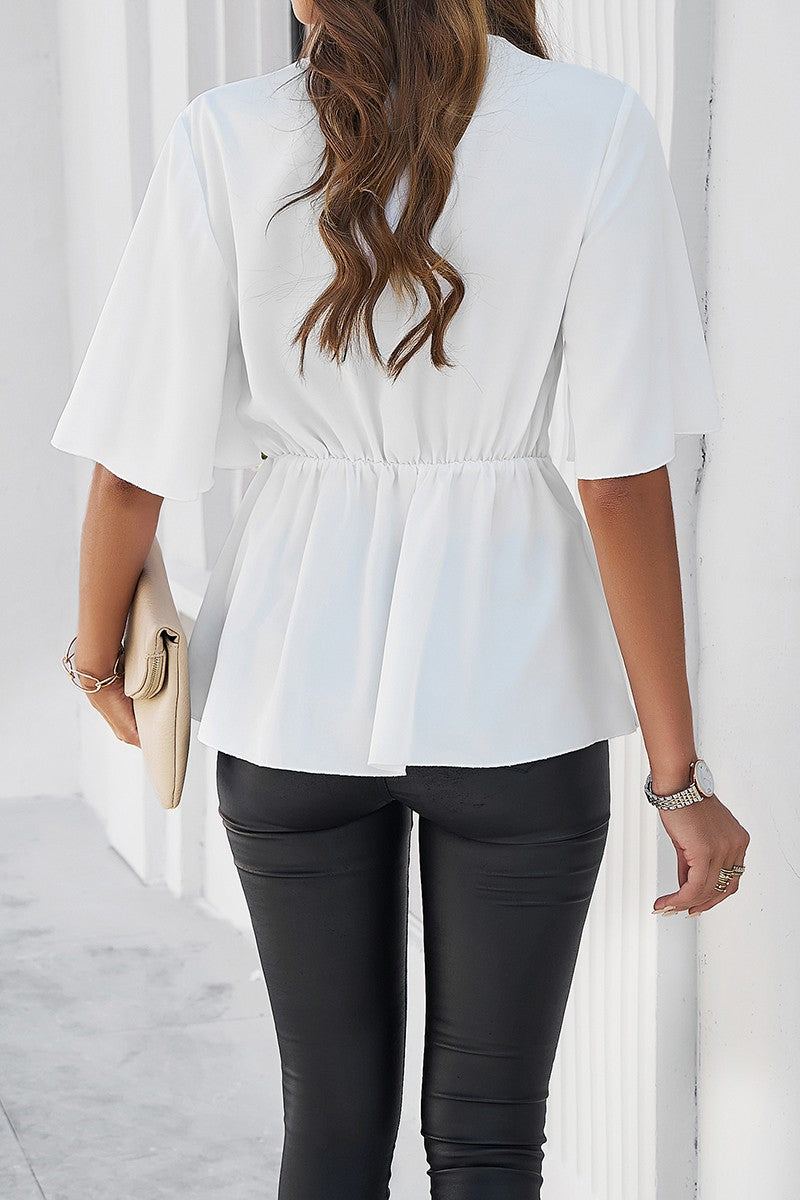 Wide Sleeve Deep V Knot Cross Ruffle Fit Blouse