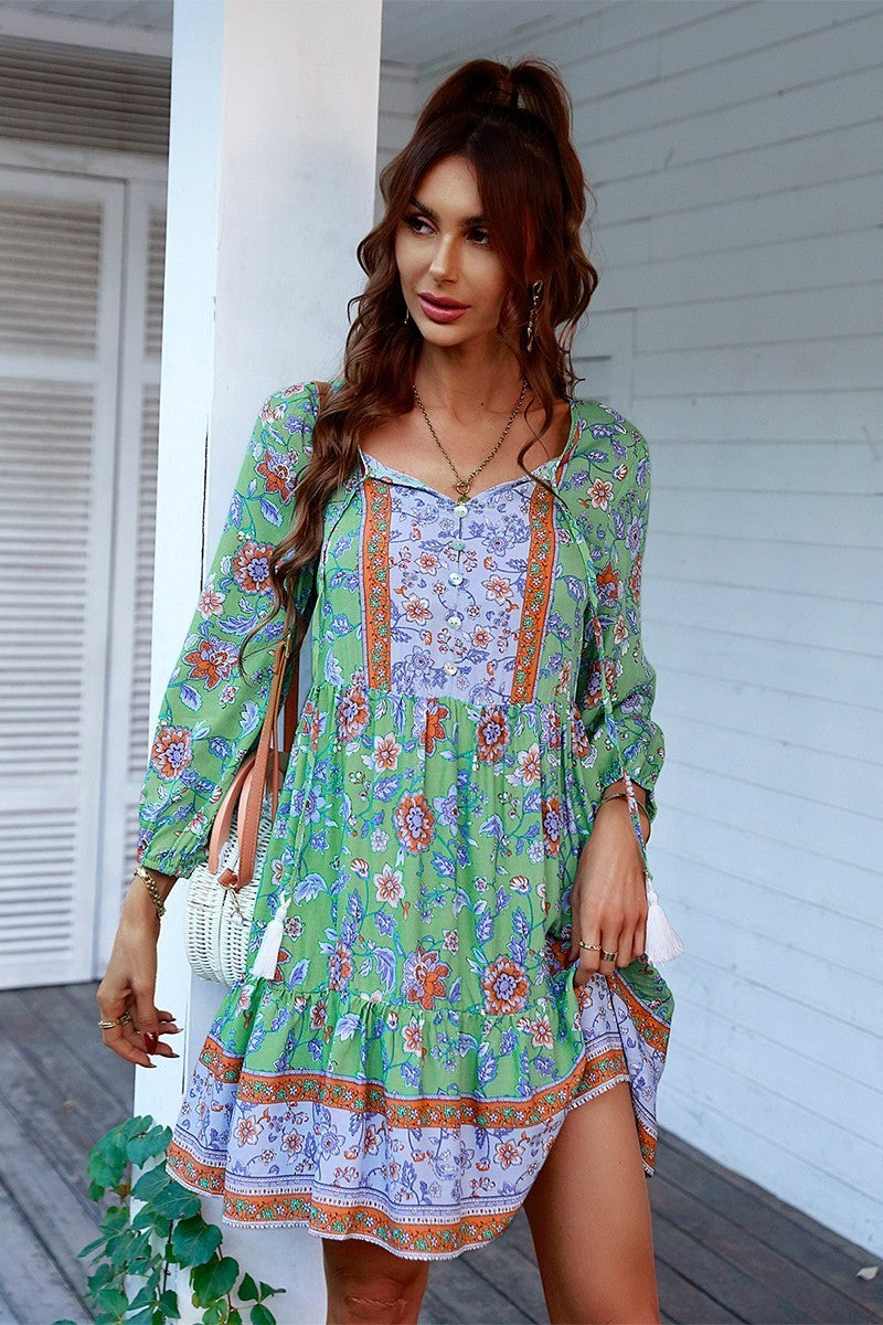 Floral Printed Button Down V Neck Long Sleeve Dress