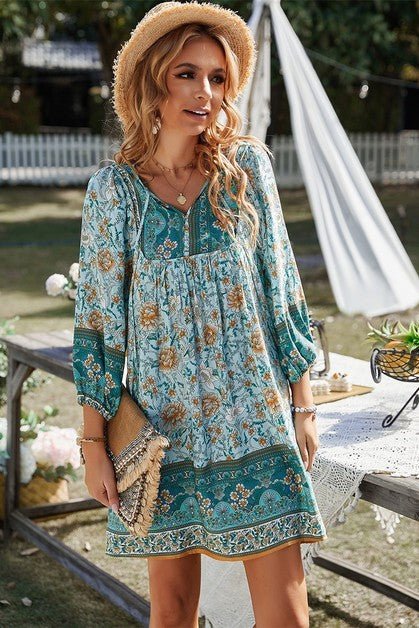 Floral V Neck Long Sleeve Boho A Line Dress