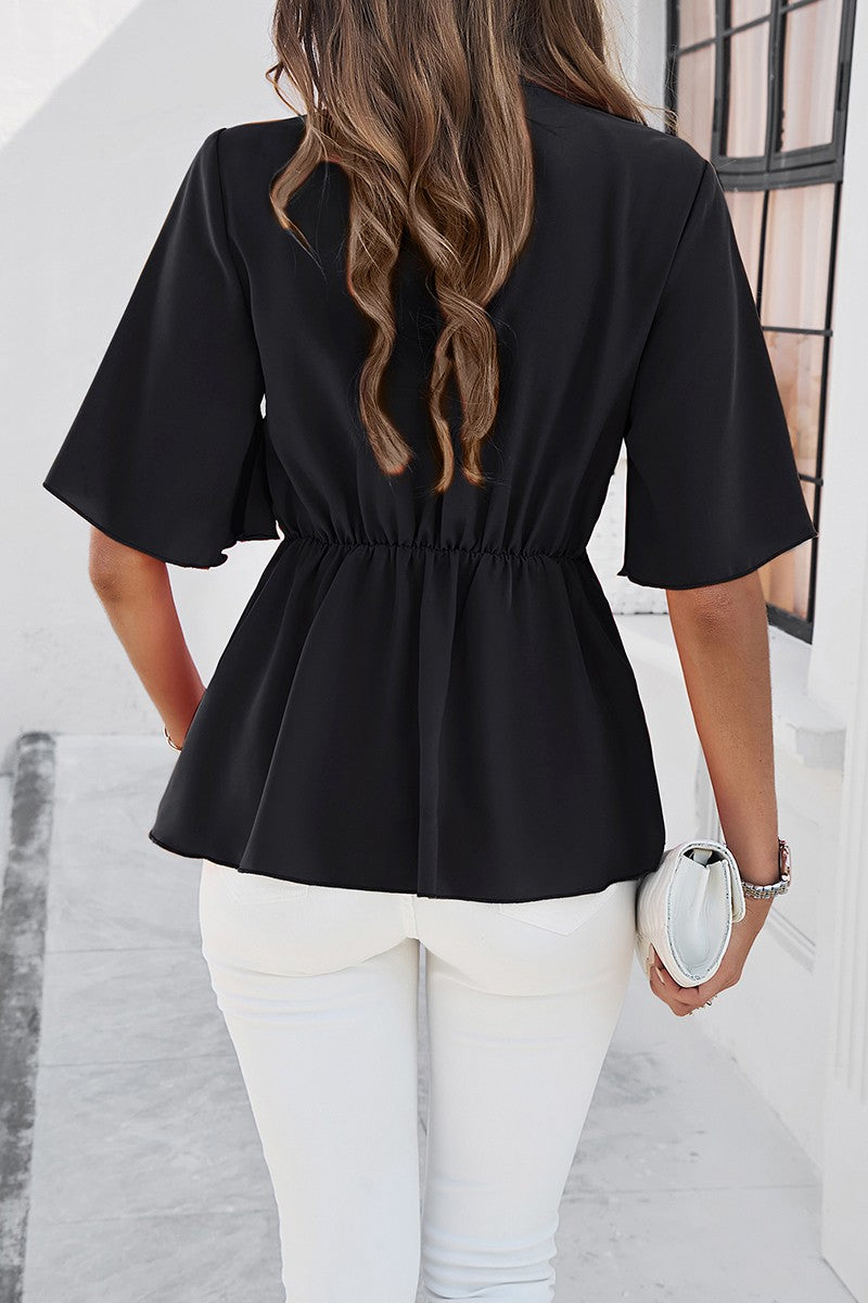 Wide Sleeve Deep V Knot Cross Ruffle Fit Blouse