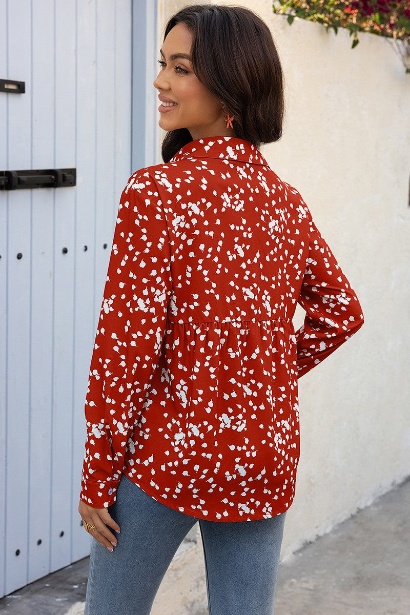 Allover Print V Neck Button Down Loose Blouse