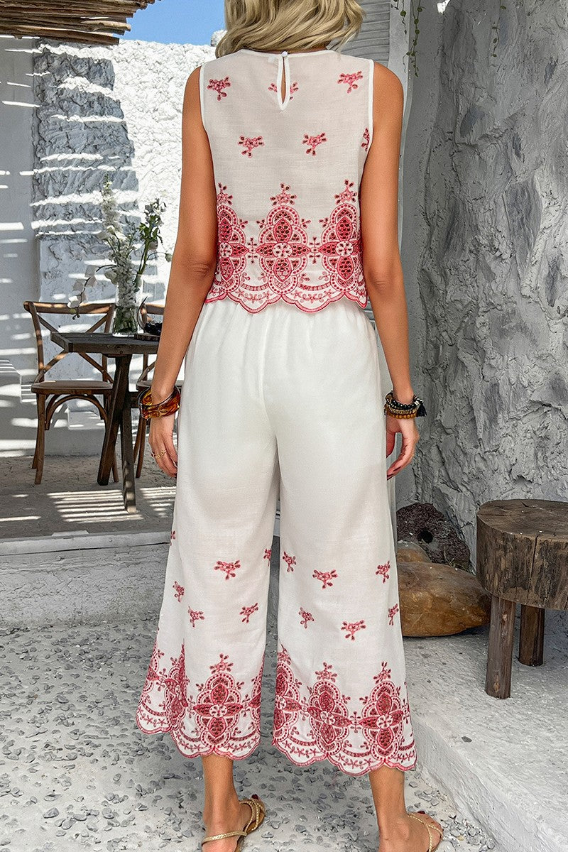 Two Pieces Tile Inspired Embroidery Sleeveless Set