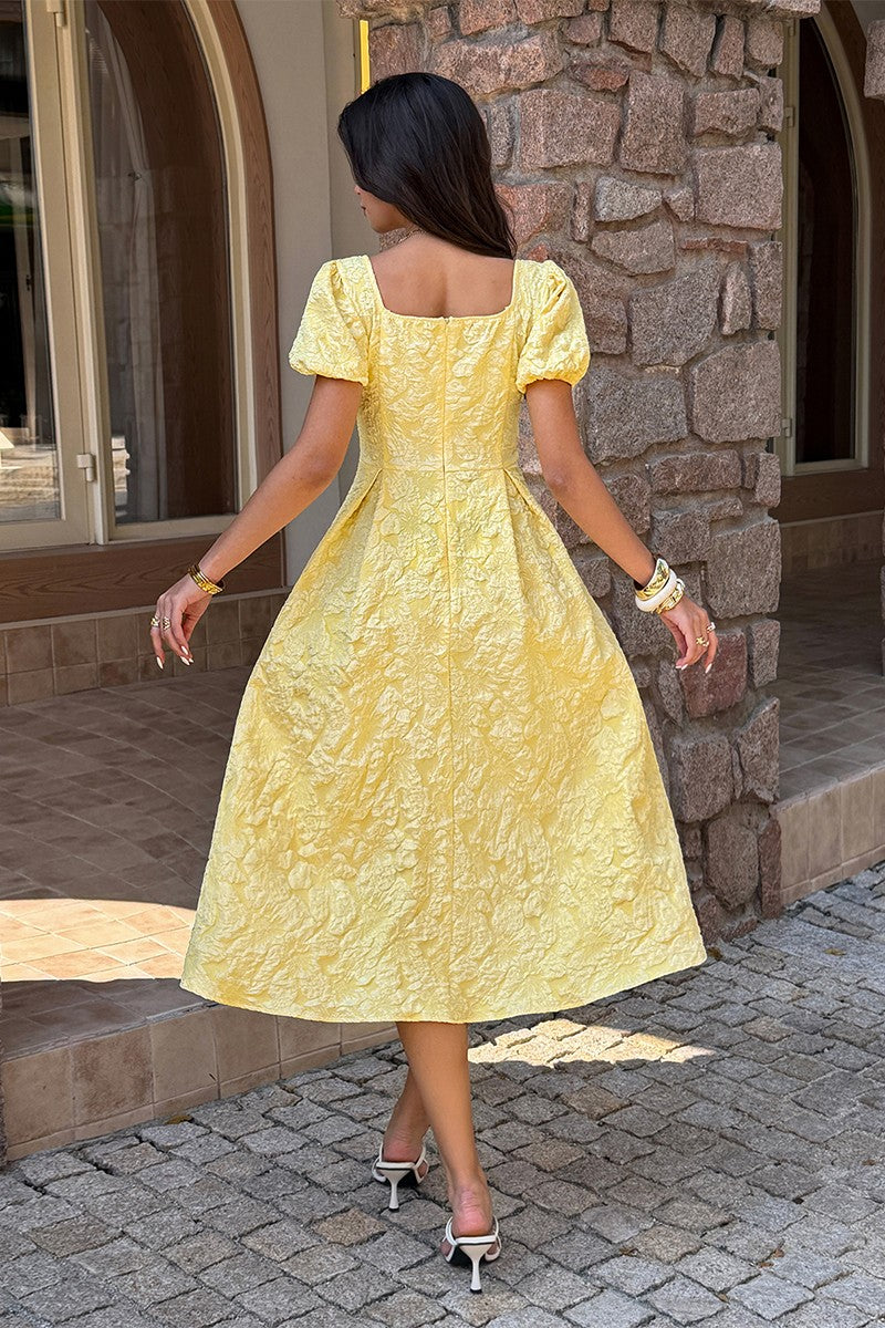 Solid Square Neck Puff Sleeve Midi Dress