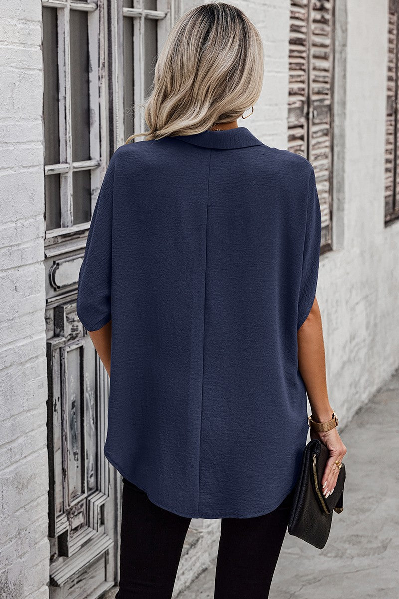 Solid Front Open Button Loose Fit Blouse