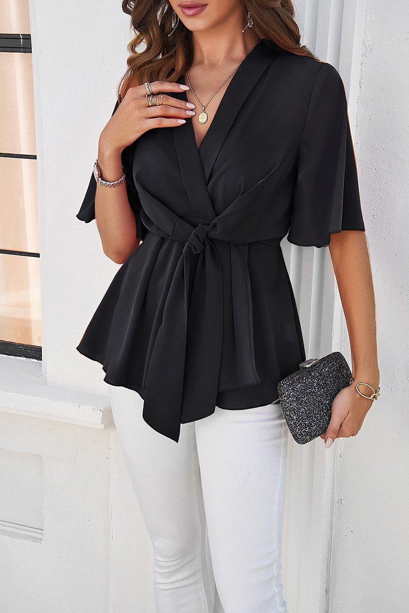 Wide Sleeve Deep V Knot Cross Ruffle Fit Blouse