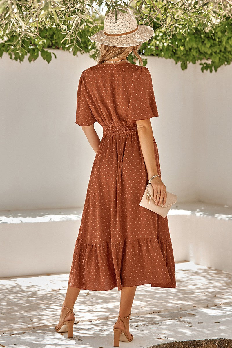 Dot V Neck Belt Solid Color Block Dress