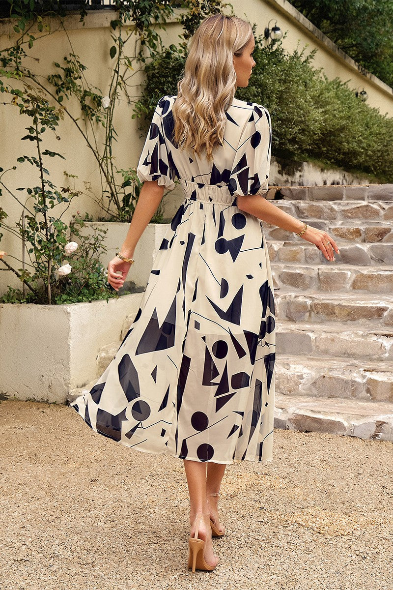 Bohemian V Neck Elastic Waisted Band Midi Dress