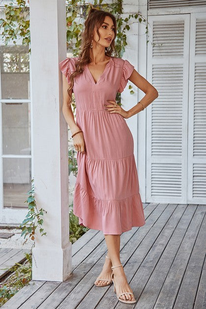 V Neck Flutter Sleeve Ruffle Hem Layered Dress