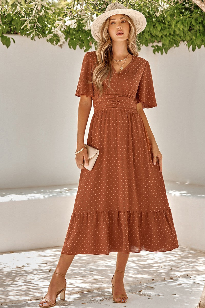 Dot V Neck Belt Solid Color Block Dress