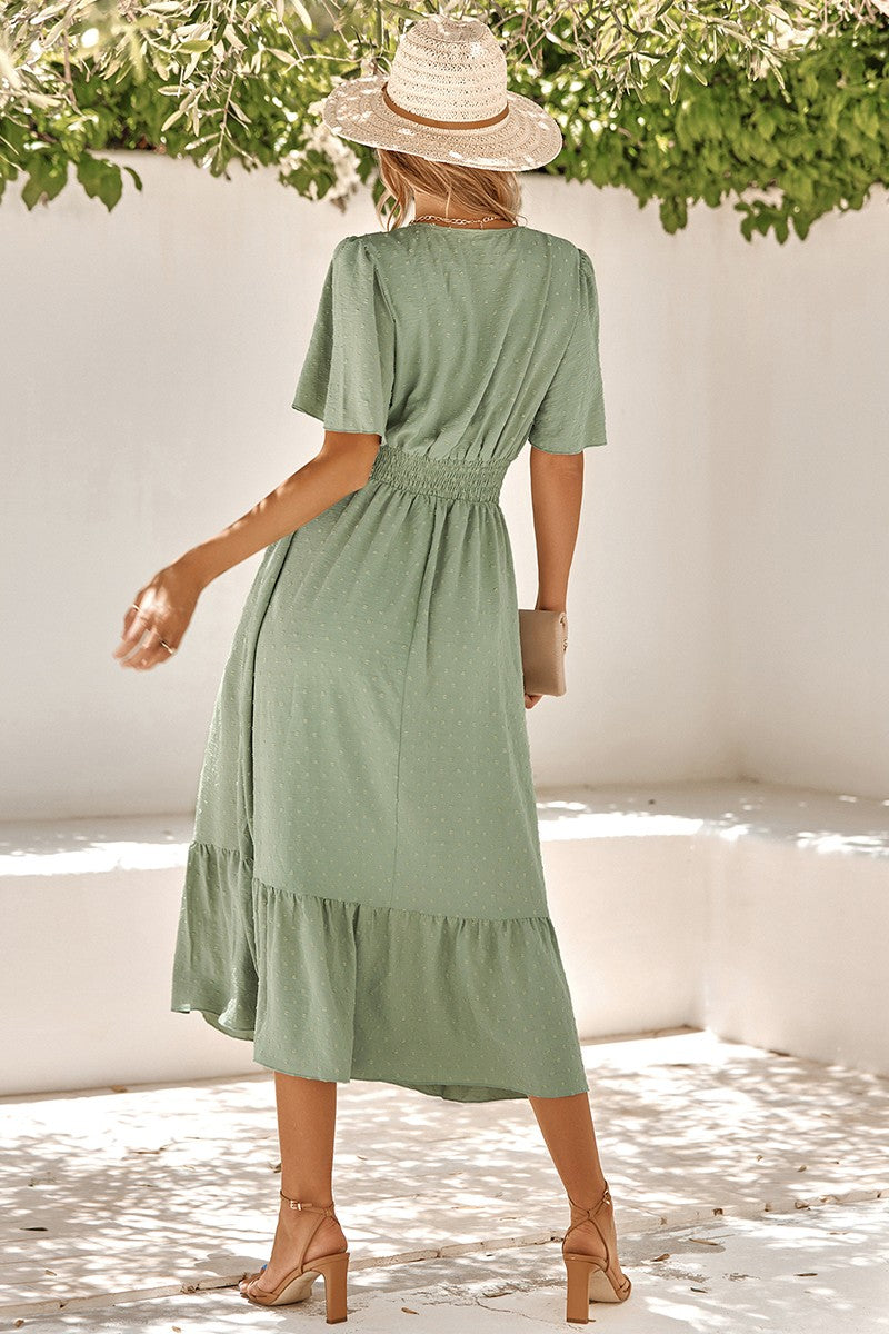 Dot V Neck Belt Solid Color Block Dress