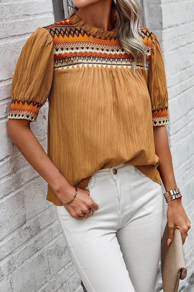 Geometric Print Elegant Textured Puff Sleeve Shirt