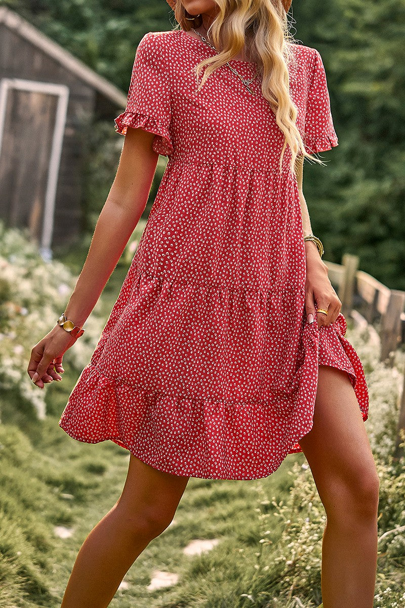 Floral Polka Dots Boat Neck Loose A Line Midi Dres