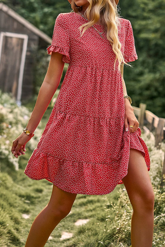 Floral Polka Dots Boat Neck Loose A Line Midi Dres