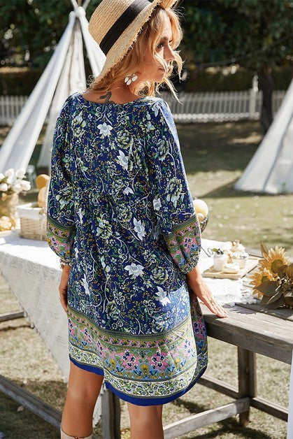 Floral V Neck Long Sleeve Boho A Line Dress