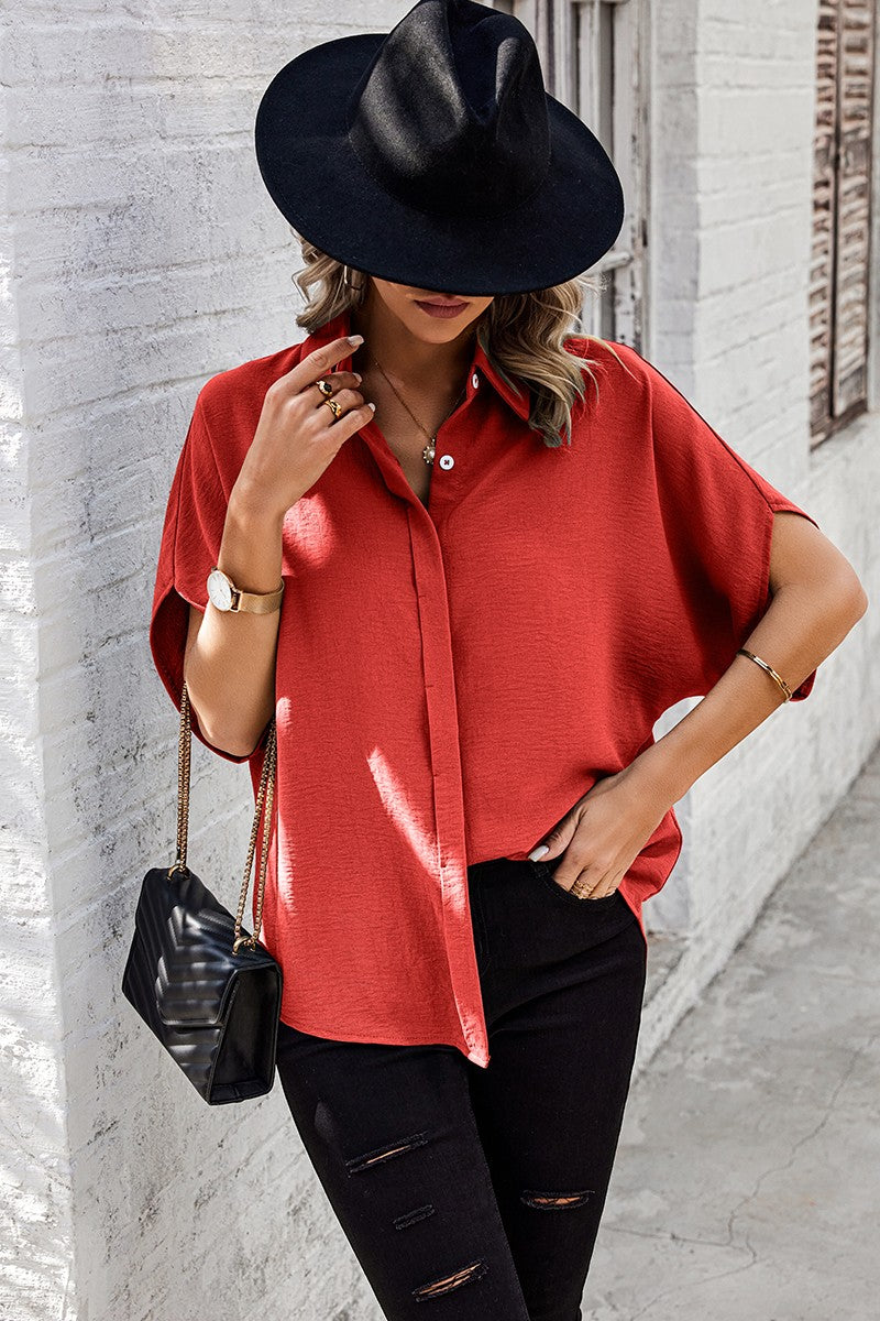 Solid Front Open Button Loose Fit Blouse