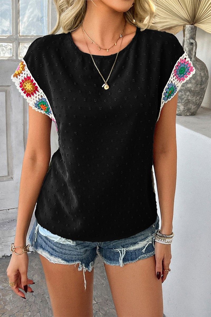 Swiss Dot Crochet Patchwork Short Sleeves Shirt