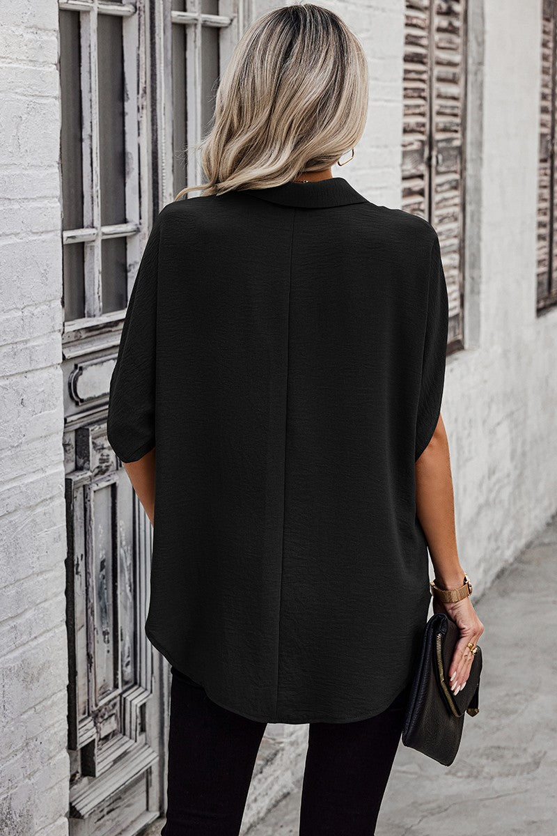 Solid Front Open Button Loose Fit Blouse