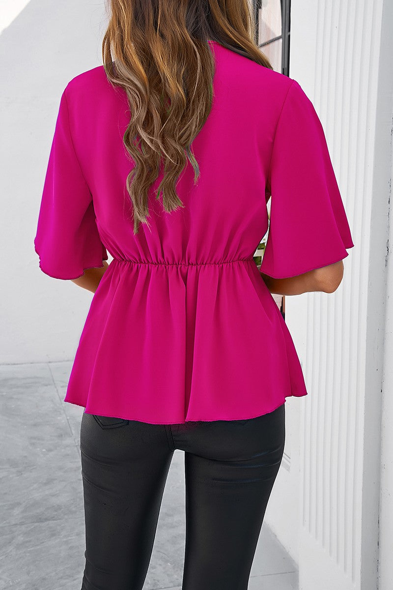 Wide Sleeve Deep V Knot Cross Ruffle Fit Blouse