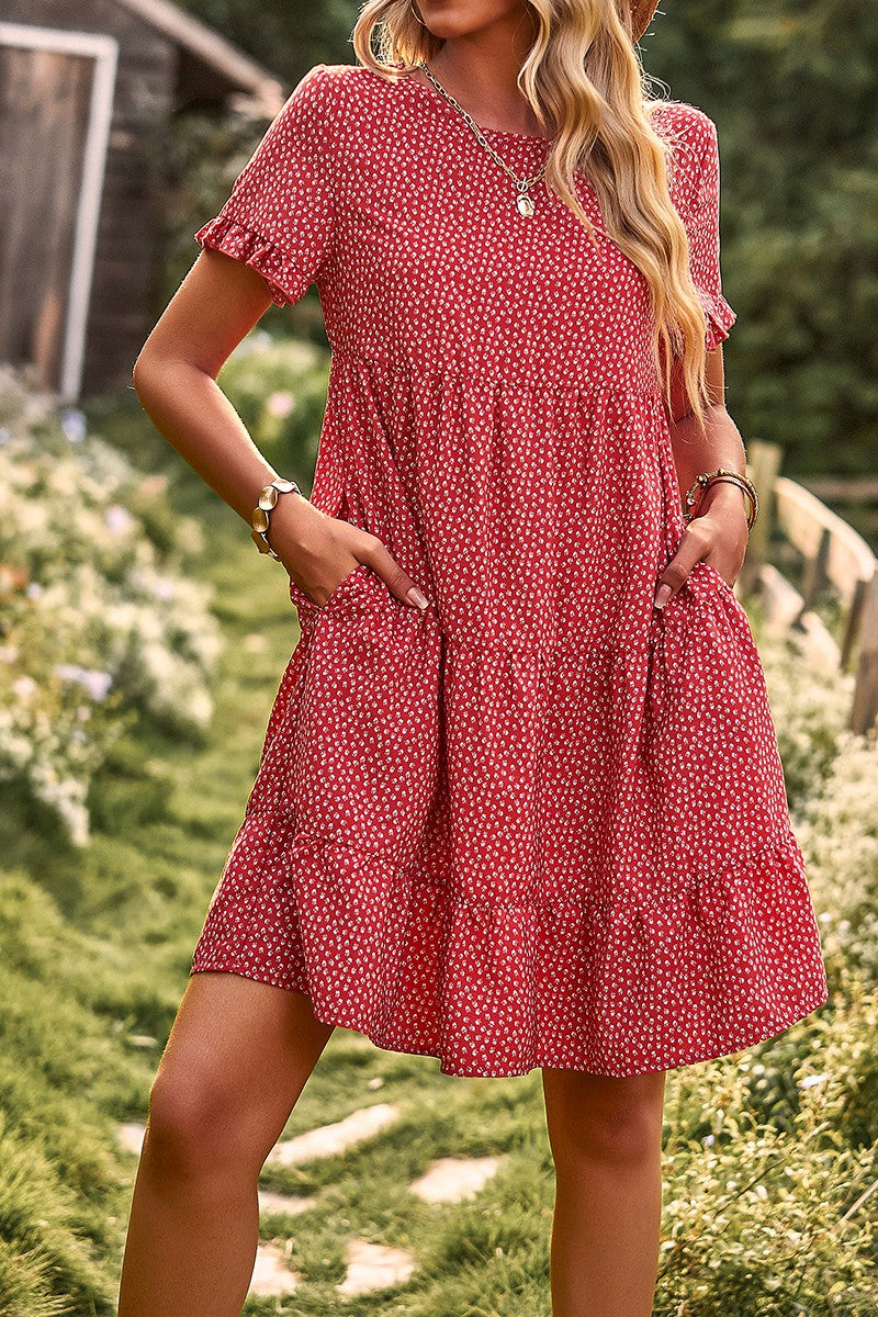 Floral Polka Dots Boat Neck Loose A Line Midi Dres
