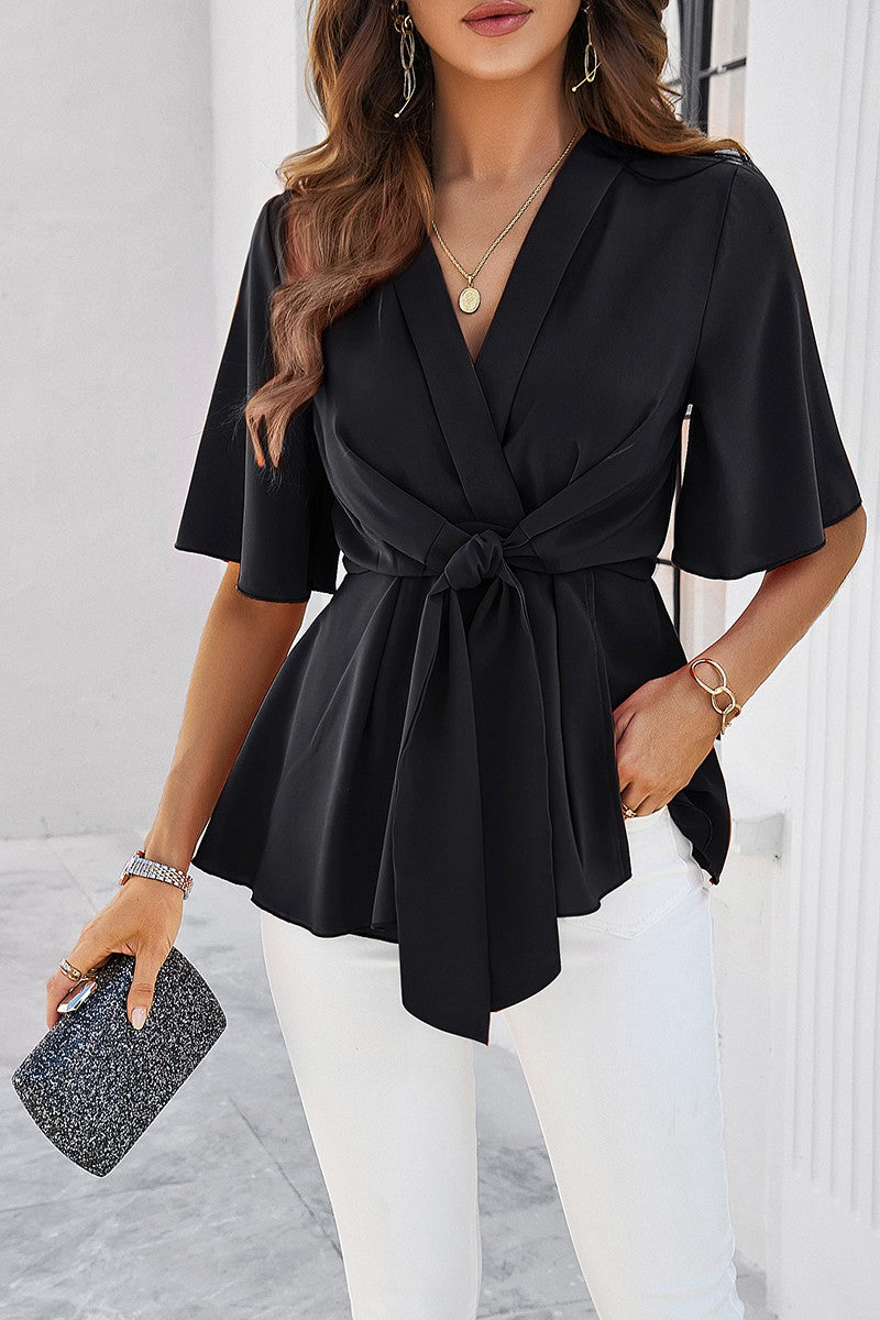 Wide Sleeve Deep V Knot Cross Ruffle Fit Blouse