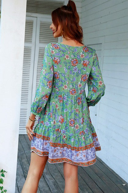 Floral Printed Button Down V Neck Long Sleeve Dress