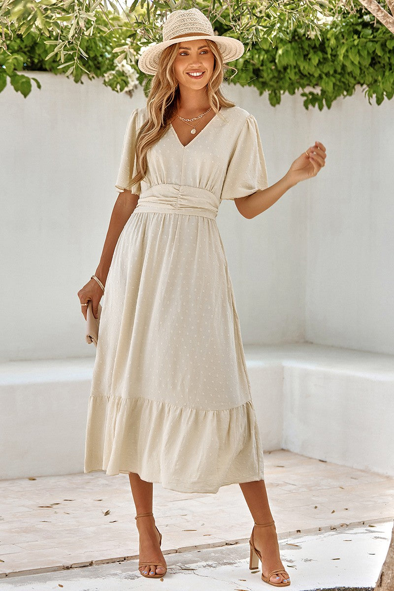Dot V Neck Belt Solid Color Block Dress