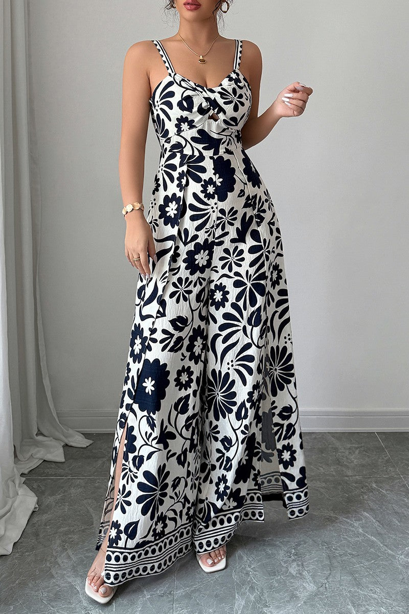 Floral Print High Waist Split Wide Leg Fit Jumpsuit