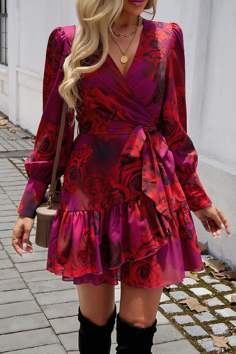 Floral Belt Puff Sleeves Fit Ruffle Hem Short Dress